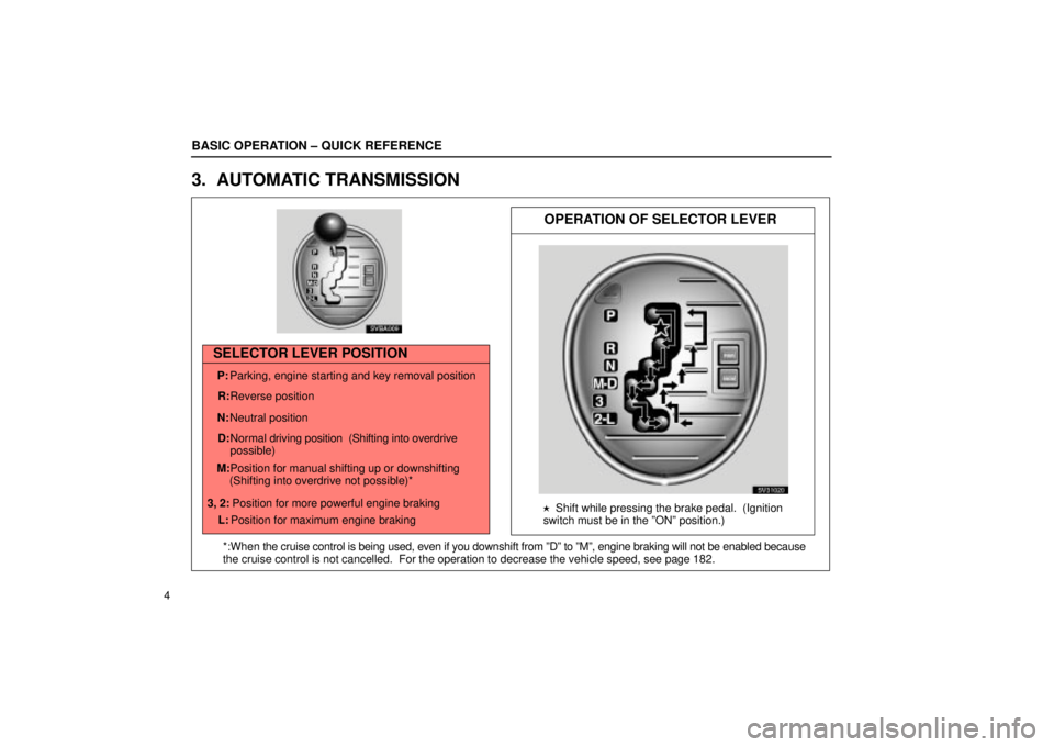 Lexus IS300 2002  Pictorial Index / LEXUS 2002 IS300 SEDAN  (OM9997X) User Guide OPERATION OF SELECTOR LEVER
SELECTOR LEVER POSITION
P: Parking, engine starting and key removal position
R: Reverse position
N: Neutral position
D: Normal driving  position  (Shifting into overdrive
p