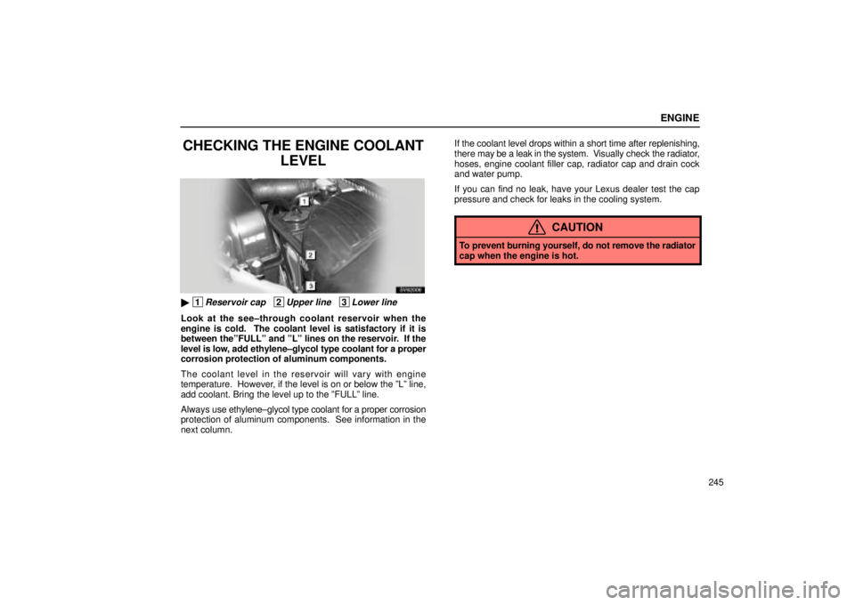 Lexus IS300 2002  Pictorial Index / LEXUS 2002 IS300 SEDAN  (OM9997X) Owners Guide ENGINE
245
CHECKING THE ENGINE COOLANTLEVEL
SV62006
 1Reservoir cap   2Upper line   3Lower line
Look at the see±through coolant reservoir when the
engine is cold.  The coolant level is satisfactory 