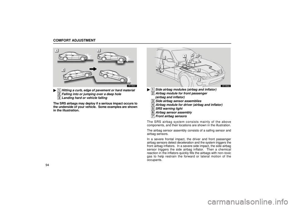 Lexus IS300 2001  Maintenance Schedule / LEXUS 2001 IS300 OWNERS MANUAL (OM53437) COMFORT ADJUSTMENT
94
SV16021
 1Hitting a curb, edge of pavement or hard material
 2Falling into or jumping over a deep hole
 3Landing hard or vehicle falling
The SRS airbags may deploy if a serious 