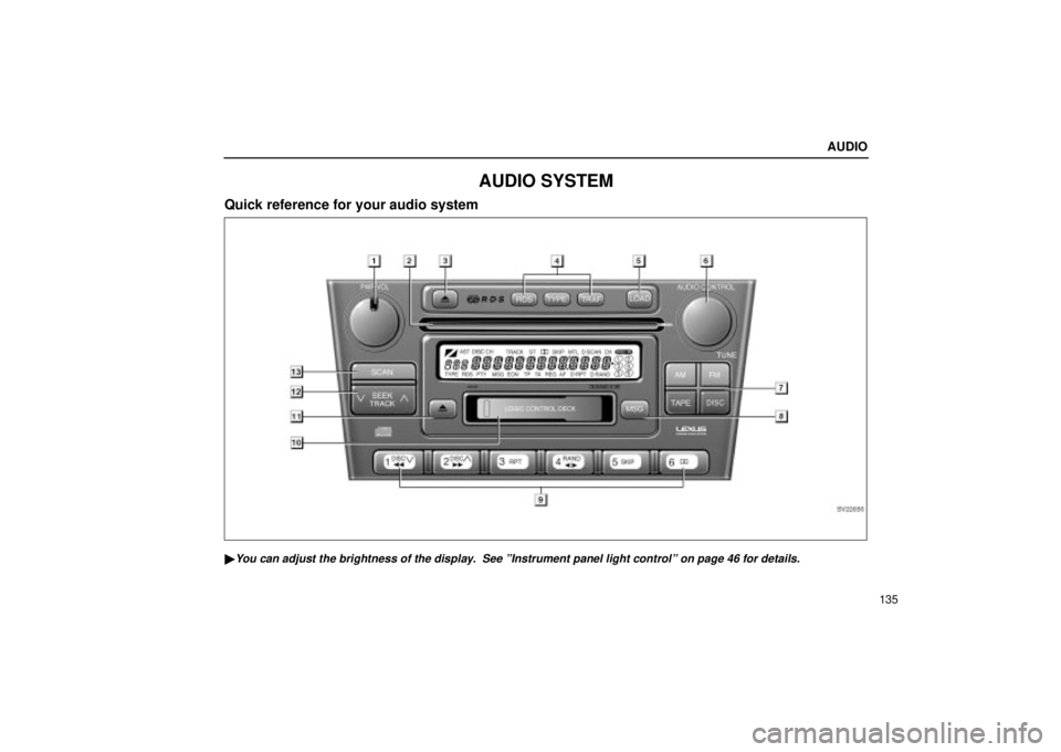 Lexus IS300 2001  Switches / LEXUS 2001 IS300 OWNERS MANUAL (OM53437) AUDIO
135
AUDIO SYSTEM
Quick reference for your audio system
SV22030
You can adjust the brightness of the display.  See ºInstrument panel light controlº on page 46 for details. 