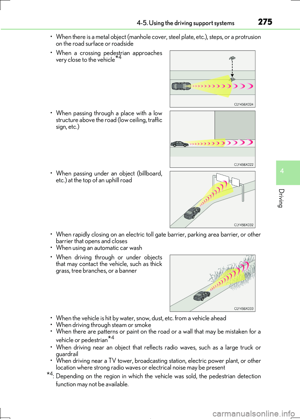 Lexus IS300h 2017 Owners Manual 2754-5. Using the driving support systems
4
Driving
IS300h_EE(OM53D89E)
• When there is a metal object (manhole cover, steel plate, etc.), steps, or a protrusion
on the road surface or roadside
Lexus IS300h 2017 Owners Manual 2754-5. Using the driving support systems
4
Driving
IS300h_EE(OM53D89E)
• When there is a metal object (manhole cover, steel plate, etc.), steps, or a protrusion
on the road surface or roadside