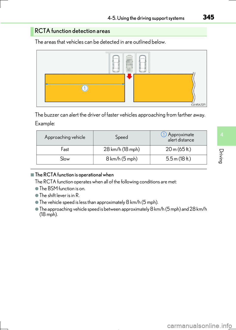 Lexus IS300h 2017 Owners Manual 3454-5. Using the driving support systems
4
Driving
IS300h_EE(OM53D89E)
The areas that vehicles can be detected in are outlined below.
The buzzer can alert the driver of faster vehicles approaching Lexus IS300h 2017 Owners Manual 3454-5. Using the driving support systems
4
Driving
IS300h_EE(OM53D89E)
The areas that vehicles can be detected in are outlined below.
The buzzer can alert the driver of faster vehicles approaching