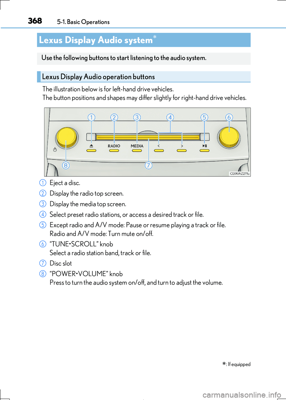 Lexus IS300h 2017 Owners Manual 368
IS300h_EE(OM53D89E)
5-1. Basic Operations
The illustration below is for left-hand drive vehicles.
The button positions and shapes may differ slightly for right-hand drive vehicles.
Eject a di Lexus IS300h 2017 Owners Manual 368
IS300h_EE(OM53D89E)
5-1. Basic Operations
The illustration below is for left-hand drive vehicles.
The button positions and shapes may differ slightly for right-hand drive vehicles.
Eject a di