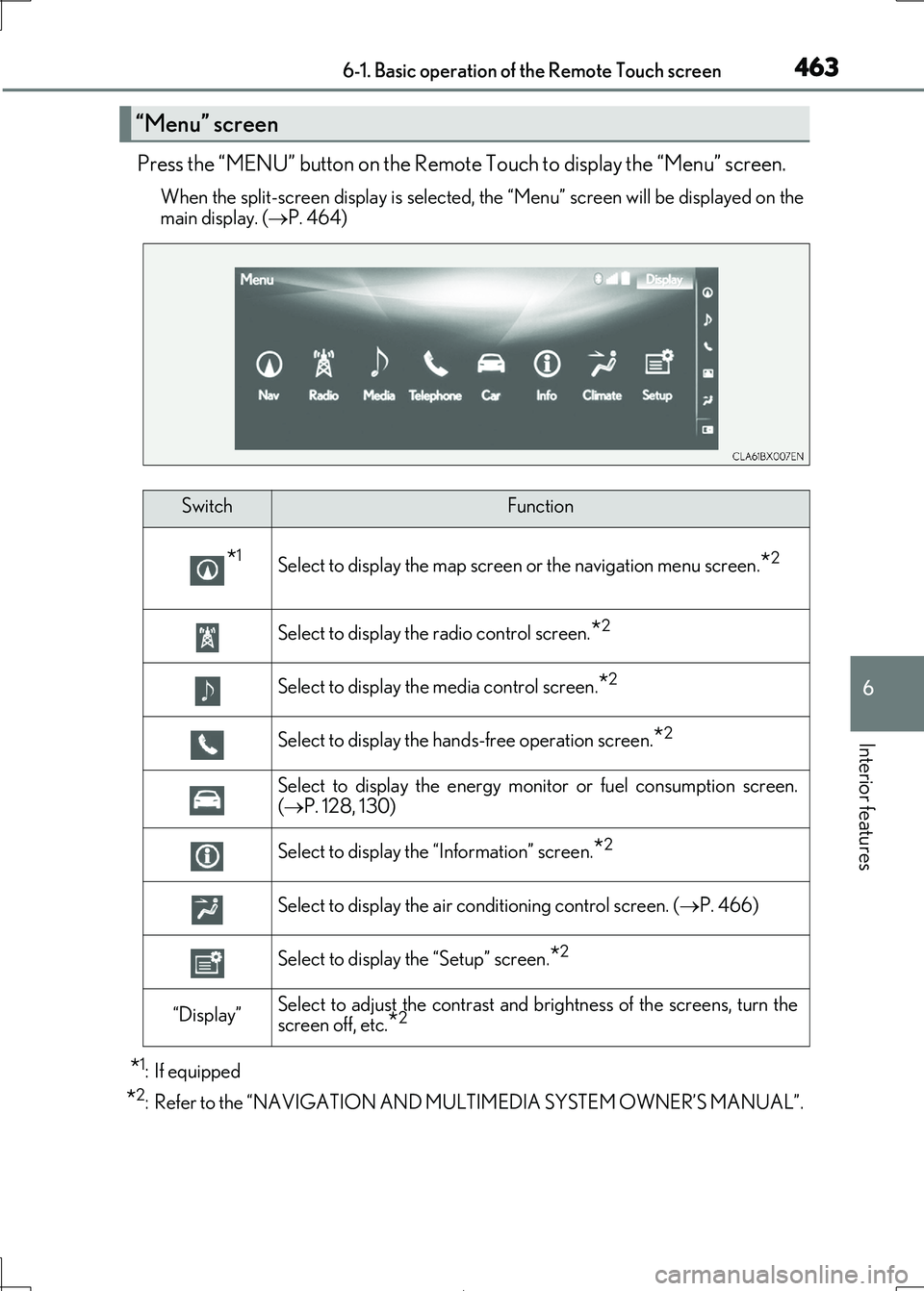 Lexus IS300h 2017 Owners Guide 4636-1. Basic operation of the Remote Touch screen
6
Interior features
IS300h_EE(OM53D89E)
Press the “MENU” button on the Remote Touch to display the “Menu” screen.
When the split-screen displ