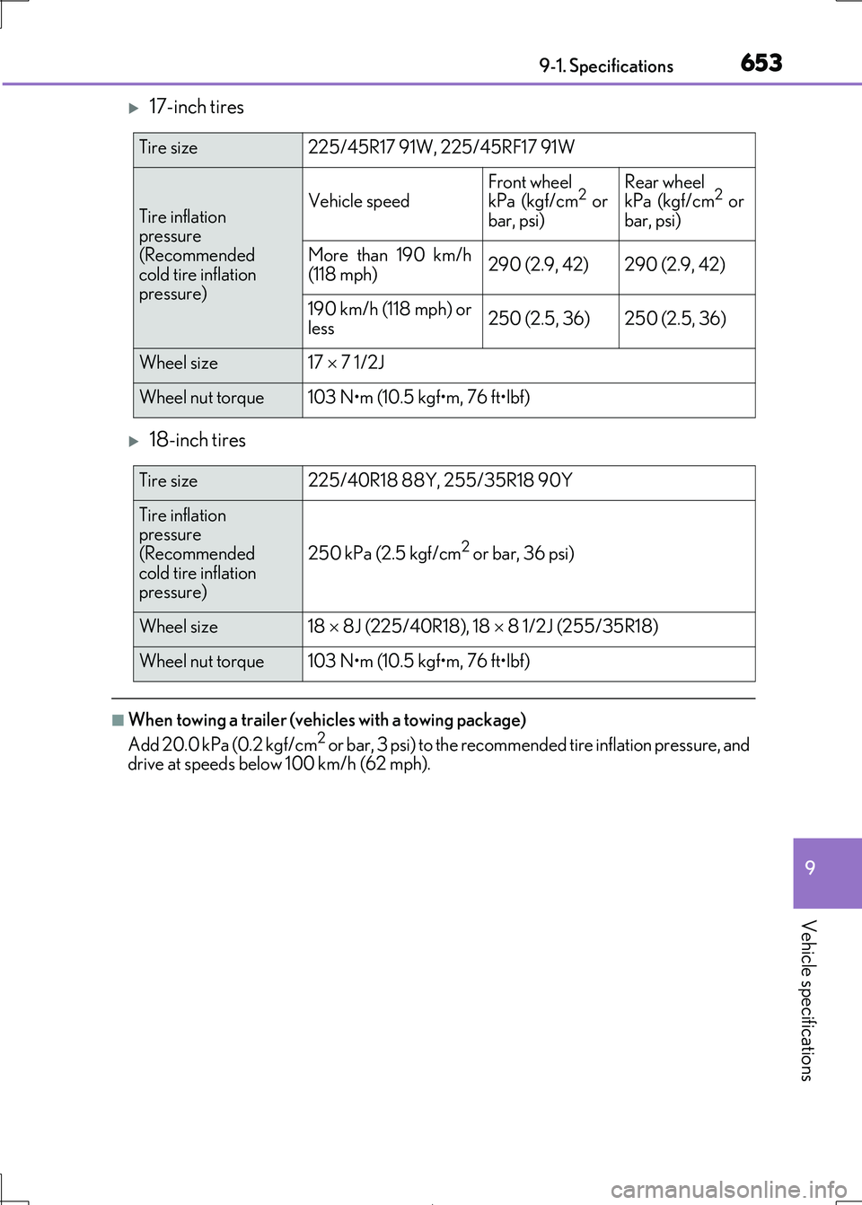 Lexus IS300h 2017  Owners Manual 653
9 
9-1. Specifications
Vehicle specifications
IS300h_EE(OM53D89E)
17-inch tires
18-inch tires
■When towing a trailer (vehicles with a towing package) 
Add 20.0 kPa (0.2 kgf/cm2 o r b ar,  