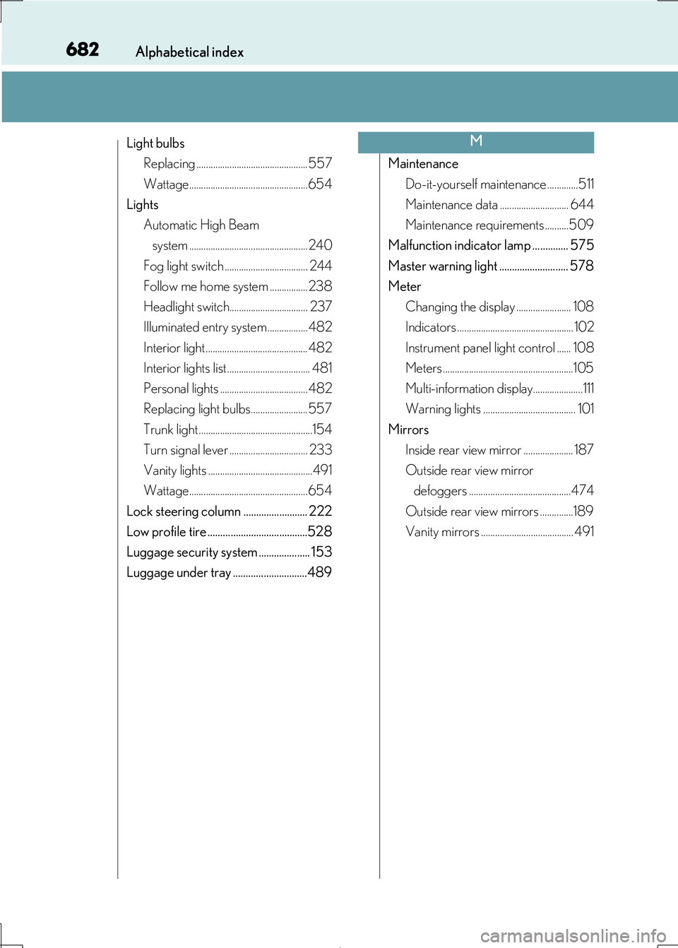 Lexus IS300h 2017 Owners Manual 682Alphabetical index
IS300h_EE(OM53D89E)
Light bulbs
Replacing ...............................................557
Wattage..................................................654
Lights
Automatic High Lexus IS300h 2017 Owners Manual 682Alphabetical index
IS300h_EE(OM53D89E)
Light bulbs
Replacing ...............................................557
Wattage..................................................654
Lights
Automatic High