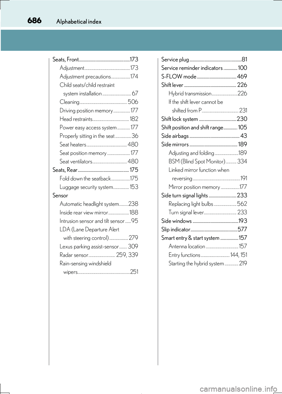 Lexus IS300h 2017  Owners Manual 686Alphabetical index
IS300h_EE(OM53D89E)
Seats, Front................................................173 
Adjustment .............................................. 173
Adjustment precautions ........