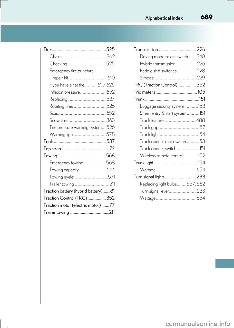 Lexus IS300h 2017 Service Manual 689Alphabetical index
IS300h_EE(OM53D89E)
Tires ............................................................525 
Chains ..................................................... 362
Checking .............