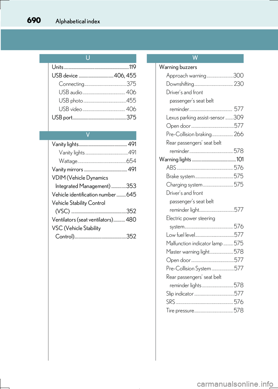 Lexus IS300h 2017 Owners Manual 690Alphabetical index
IS300h_EE(OM53D89E)
Units ..............................................................119
USB device ................................. 406, 455
Connecting.................... Lexus IS300h 2017 Owners Manual 690Alphabetical index
IS300h_EE(OM53D89E)
Units ..............................................................119
USB device ................................. 406, 455
Connecting....................