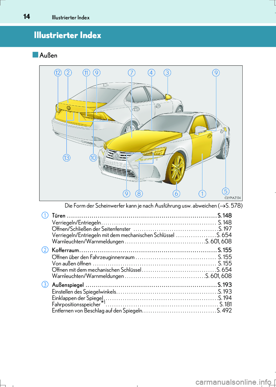 Lexus IS300h 2017  Betriebsanleitung (in German) 14
IS300h_EM(OM99K28M)
Illustrierter Index
Illustrierter Index
■Außen
Die Form der Scheinwerfer kann je nach Ausführung usw. abweichen (S. 578)
Türen  . . . . . . . . . . . . . . . . . . . . .
