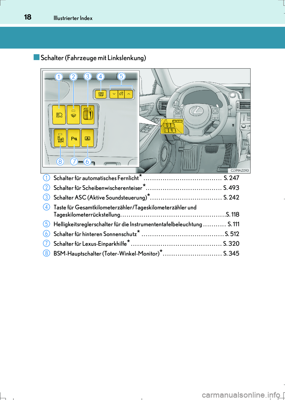 Lexus IS300h 2017  Betriebsanleitung (in German) 18Illustrierter Index
IS300h_EM(OM99K28M)
■Schalter (Fahrzeuge mit Linkslenkung)
Schalter für automatisches Fernlicht* . . . . . . . . . . . . . . . . . . . . . . . . . . . . . . . . . . . . .  S. 