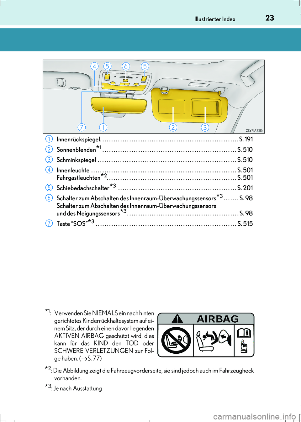 Lexus IS300h 2017  Betriebsanleitung (in German) 23Illustrierter Index
IS300h_EM(OM99K28M)Innenrückspiegel. . . . . . . . . . . . . . . . . . . . . . . . . . . . . . . . . . . . . . . . . . . . . . . . . . . . . . . . . . . . . . S. 191
Sonnenblend