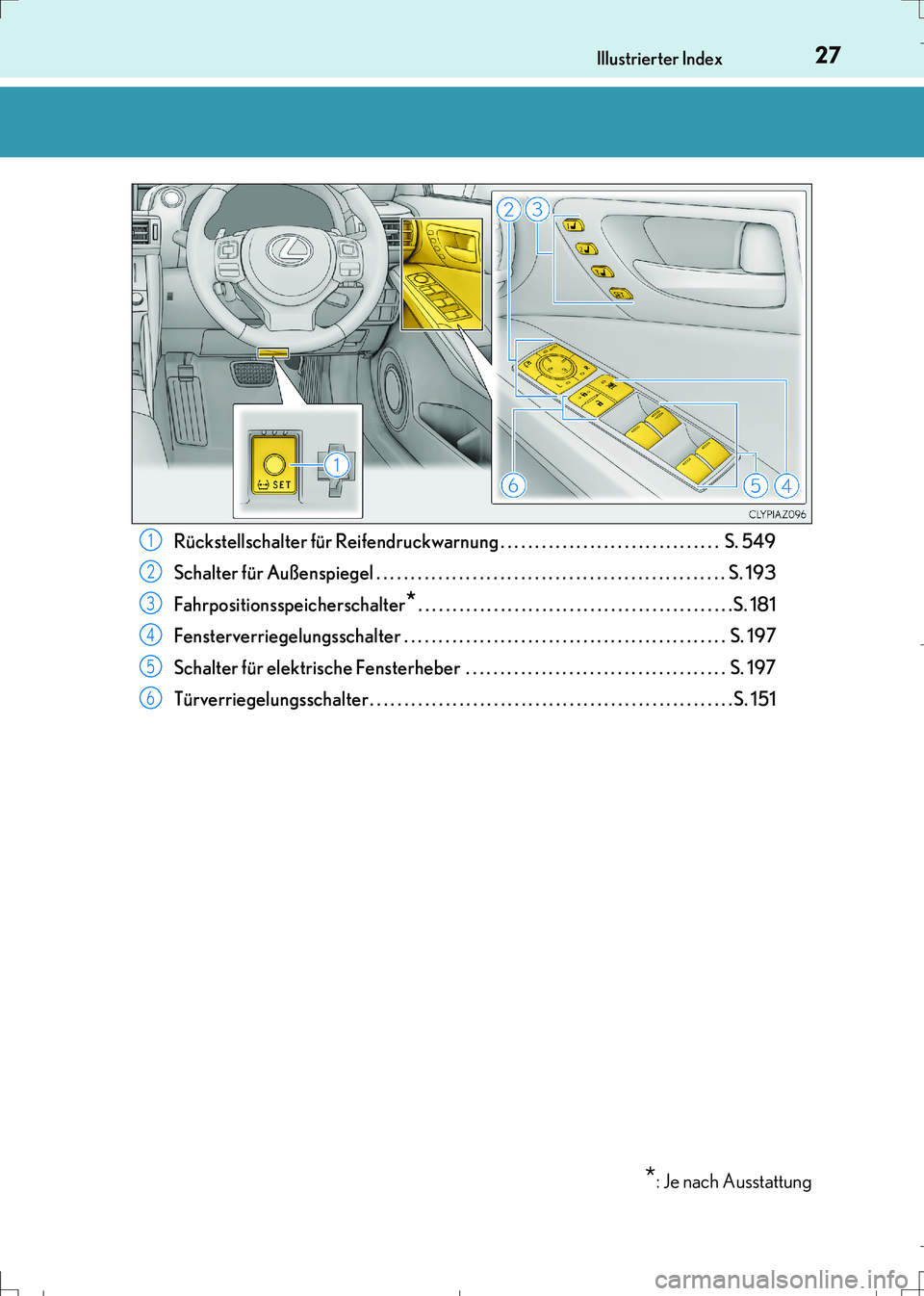 Lexus IS300h 2017  Betriebsanleitung (in German) 27Illustrierter Index
IS300h_EM(OM99K28M)Rückstellschalter für Reifendruckwarnung . . . . . . . . . . . . . . . . . . . . . . . . . . . . . . . .  S. 549
Schalter für Außenspiegel . . . . . . . . 