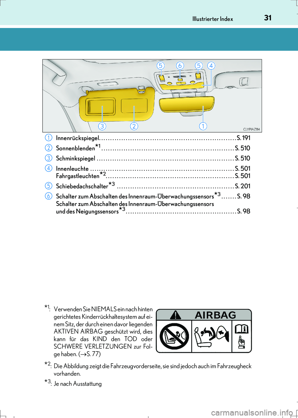 Lexus IS300h 2017  Betriebsanleitung (in German) 31Illustrierter Index
IS300h_EM(OM99K28M)Innenrückspiegel. . . . . . . . . . . . . . . . . . . . . . . . . . . . . . . . . . . . . . . . . . . . . . . . . . . . . . . . . . . . . . S. 191
Sonnenblend