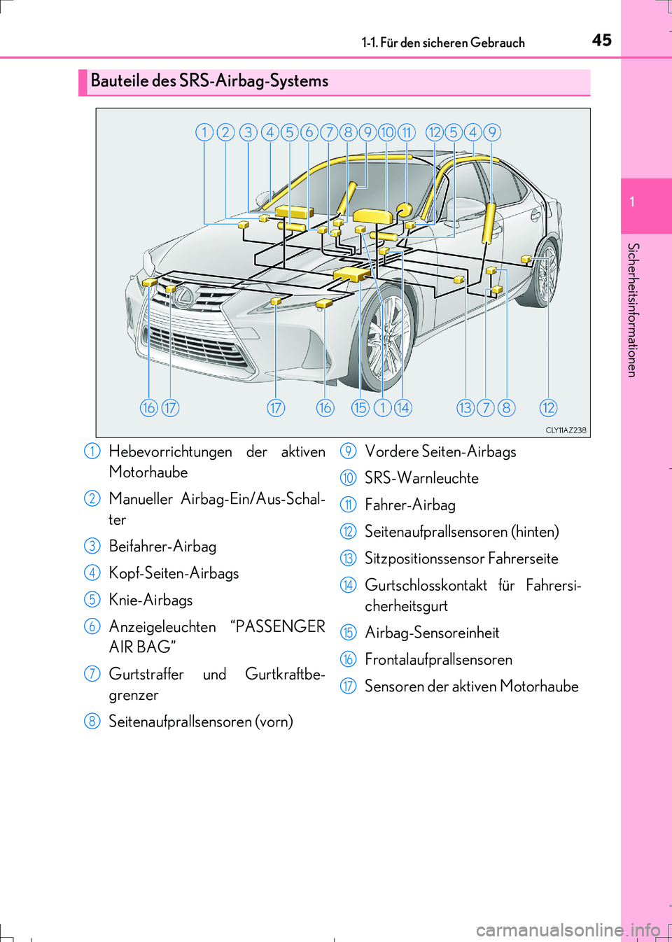 Lexus IS300h 2017  Betriebsanleitung (in German) 451-1. Für den sicheren Gebrauch
1
Sicherheitsinformationen
IS300h_EM(OM99K28M)
Bauteile des SRS-Airbag-Systems
Hebevorrichtungen der aktiven
Motorhaube
Manueller Airbag-Ein/Aus-Schal-
ter
Beifahrer-