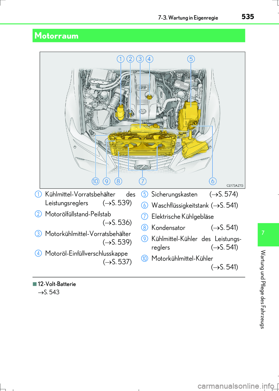Lexus IS300h 2017 Betriebsanleitung (in German) 5357-3. Wartung in Eigenregie
7
Wartung und Pflege des Fahrzeugs
IS300h_EM(OM99K28M)
■12-Volt-Batterie
S. 543
Motorraum
Kühlmittel-Vorratsbehälter des
Leistungsreglers (
S. 539)
Motorölfül Lexus IS300h 2017 Betriebsanleitung (in German) 5357-3. Wartung in Eigenregie
7
Wartung und Pflege des Fahrzeugs
IS300h_EM(OM99K28M)
■12-Volt-Batterie
S. 543
Motorraum
Kühlmittel-Vorratsbehälter des
Leistungsreglers (
S. 539)
Motorölfül