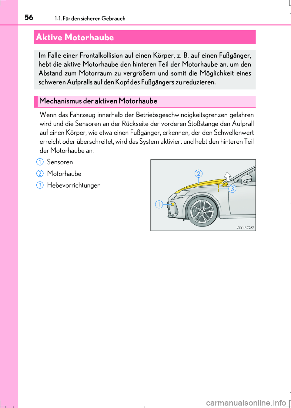 Lexus IS300h 2017  Betriebsanleitung (in German) 561-1. Für den sicheren Gebrauch
IS300h_EM(OM99K28M)
Wenn das Fahrzeug innerhalb der Betriebsgeschwindigkeitsgrenzen gefahren
wird und die Sensoren an der Rückseite der vorderen Stoßstange den Aufp