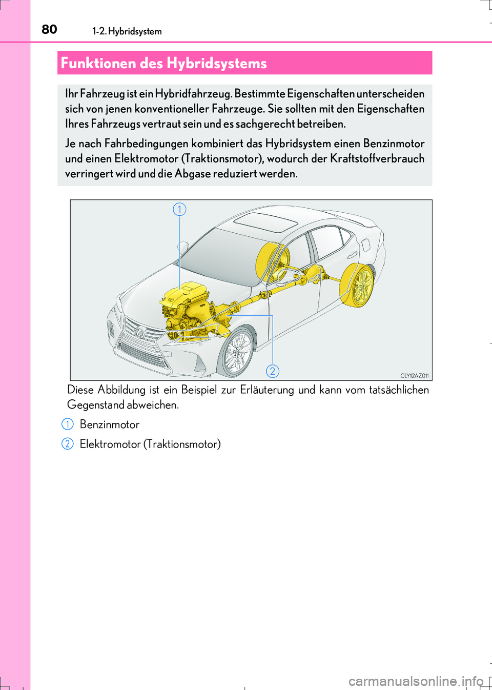 Lexus IS300h 2017  Betriebsanleitung (in German) 80
IS300h_EM(OM99K28M)
1-2. Hybridsystem
Diese Abbildung ist ein Beispiel zur Erläuterung und kann vom tatsächlichen
Gegenstand abweichen.
Benzinmotor
Elektromotor (Traktionsmotor)
Funktionen des Hy