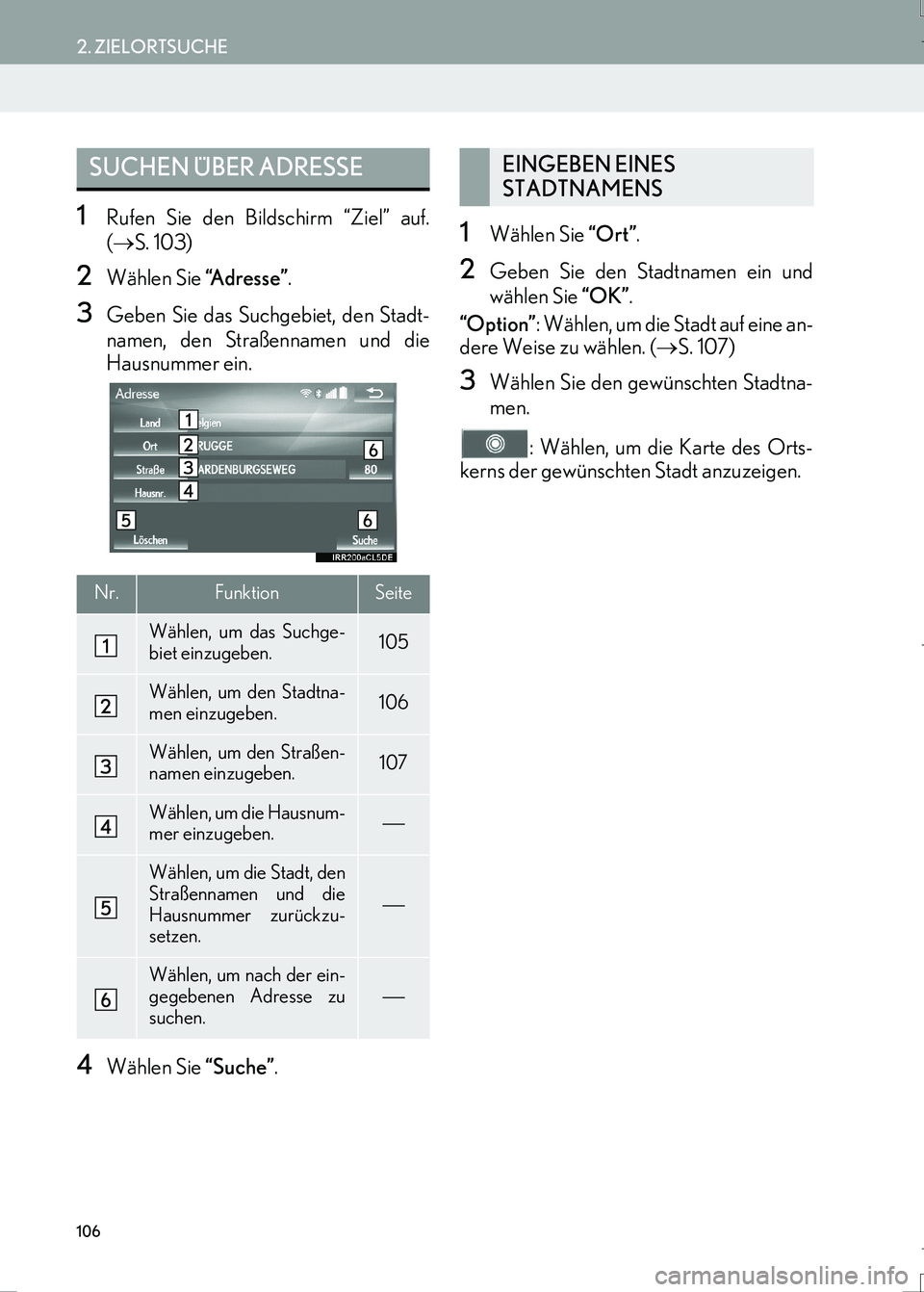 Lexus IS300h 2017 Navigationshandbuch (in German) 106
2. ZIELORTSUCHE
IS_Navi_EM
1Rufen Sie den Bildschirm “Ziel” auf.
(→S. 103)
2Wählen Sie “A d r e s s e ”.
3Geben Sie das Suchgebiet, den Stadt-
namen, den Straßennamen und die
Hausnumme Lexus IS300h 2017 Navigationshandbuch (in German) 106
2. ZIELORTSUCHE
IS_Navi_EM
1Rufen Sie den Bildschirm “Ziel” auf.
(→S. 103)
2Wählen Sie “A d r e s s e ”.
3Geben Sie das Suchgebiet, den Stadt-
namen, den Straßennamen und die
Hausnumme
