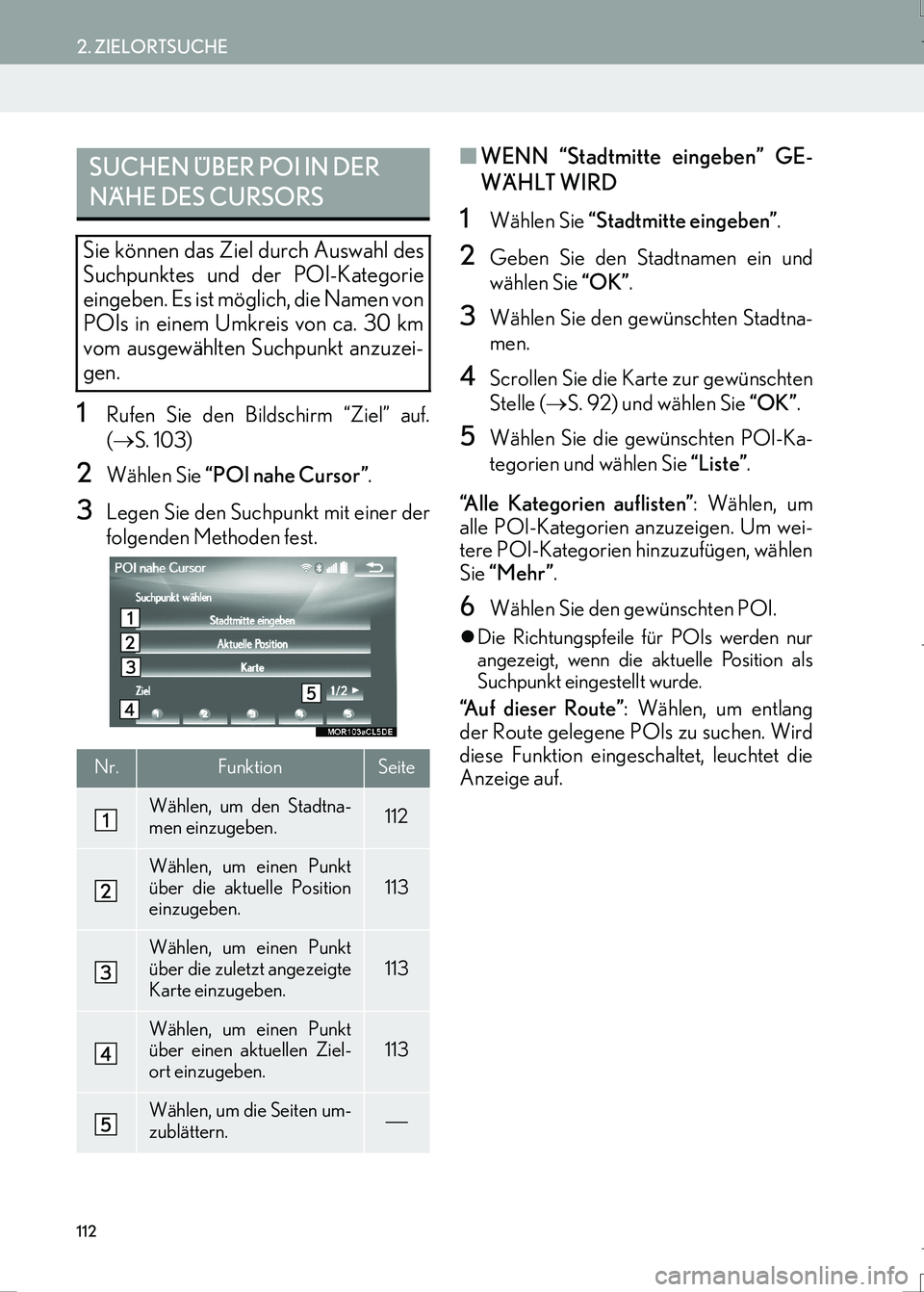 Lexus IS300h 2017 Navigationshandbuch (in German) 112
2. ZIELORTSUCHE
IS_Navi_EM
1Rufen Sie den Bildschirm “Ziel” auf.
(→S. 103)
2Wählen Sie “POI nahe Cursor”.
3Legen Sie den Suchpunkt mit einer der
folgenden Methoden fest.
■WENN “Sta Lexus IS300h 2017 Navigationshandbuch (in German) 112
2. ZIELORTSUCHE
IS_Navi_EM
1Rufen Sie den Bildschirm “Ziel” auf.
(→S. 103)
2Wählen Sie “POI nahe Cursor”.
3Legen Sie den Suchpunkt mit einer der
folgenden Methoden fest.
■WENN “Sta