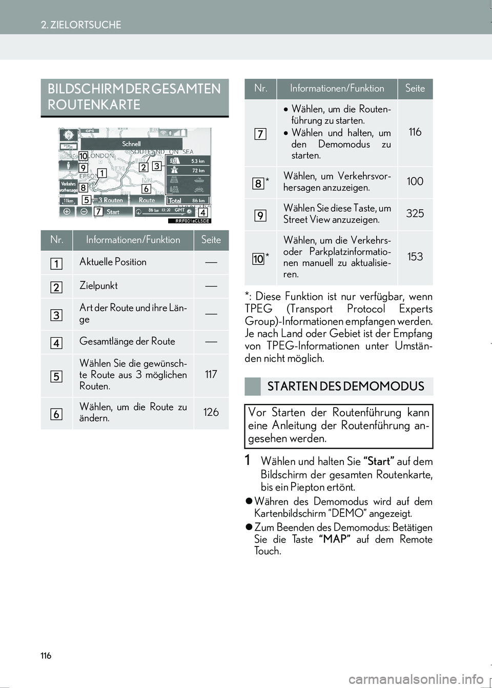 Lexus IS300h 2017  Navigationshandbuch (in German) 116
2. ZIELORTSUCHE
IS_Navi_EM
*: Diese Funktion ist nur verfügbar, wenn
TPEG (Transport Protocol Experts
Group)-Informationen empfangen werden.
Je nach Land oder Gebiet ist der Empfang
von TPEG-Info