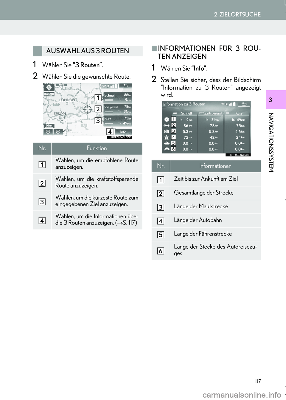 Lexus IS300h 2017  Navigationshandbuch (in German) 117
2. ZIELORTSUCHE
IS_Navi_EM
NAVIGATIONSSYSTEM
3
1Wählen Sie “3 Routen”.
2Wählen Sie die gewünschte Route.
■INFORMATIONEN FÜR 3 ROU-
TEN ANZEIGEN
1Wählen Sie “Info”.
2Stellen Sie sich