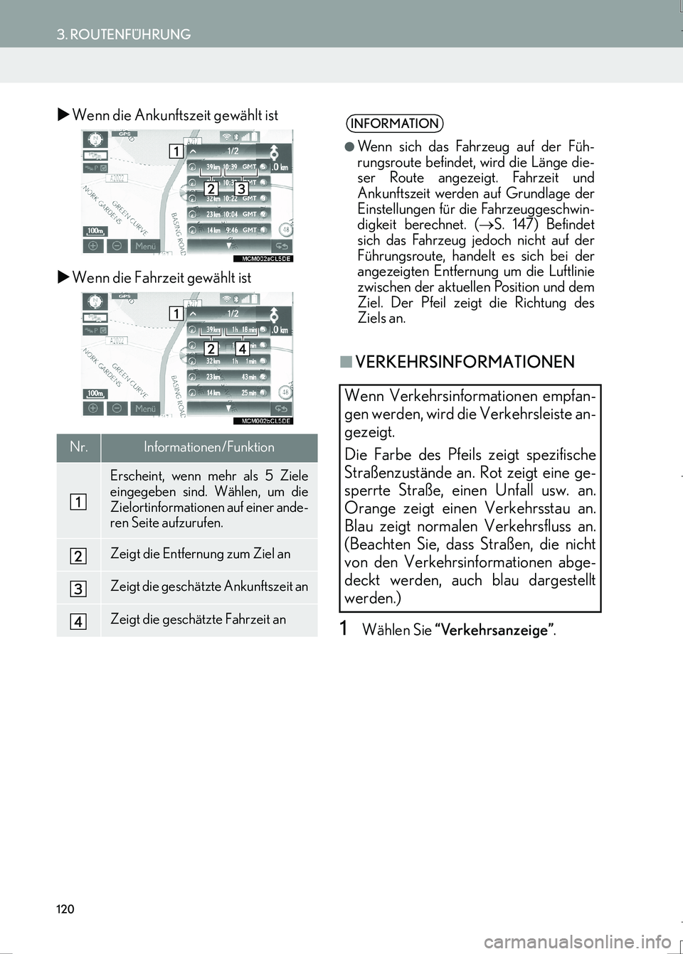 Lexus IS300h 2017  Navigationshandbuch (in German) 120
3. ROUTENFÜHRUNG
IS_Navi_EM
�XWenn die Ankunftszeit gewählt ist
�XWenn die Fahrzeit gewählt ist
■VERKEHRSINFORMATIONEN
1Wählen Sie “Verkehrsanzeige”.
Nr.Informationen/Funktion
Erscheint,