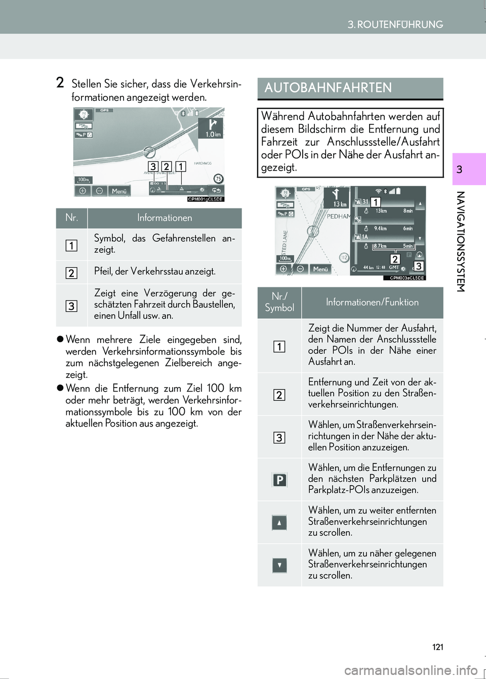 Lexus IS300h 2017  Navigationshandbuch (in German) 121
3. ROUTENFÜHRUNG
IS_Navi_EM
NAVIGATIONSSYSTEM
3
2Stellen Sie sicher, dass die Verkehrsin-
formationen angezeigt werden.
�zWenn mehrere Ziele eingegeben sind,
werden Verkehrsinformationssymbole bi