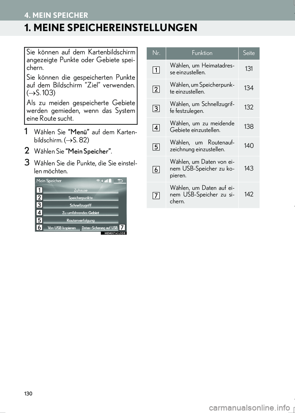 Lexus IS300h 2017  Navigationshandbuch (in German) 130
IS_Navi_EM
4. MEIN SPEICHER
1. MEINE SPEICHEREINSTELLUNGEN
1Wählen Sie “Menü” auf dem Karten-
bildschirm. (→S. 82) 
2Wählen Sie “Mein Speicher”.
3Wählen Sie die Punkte, die Sie einst