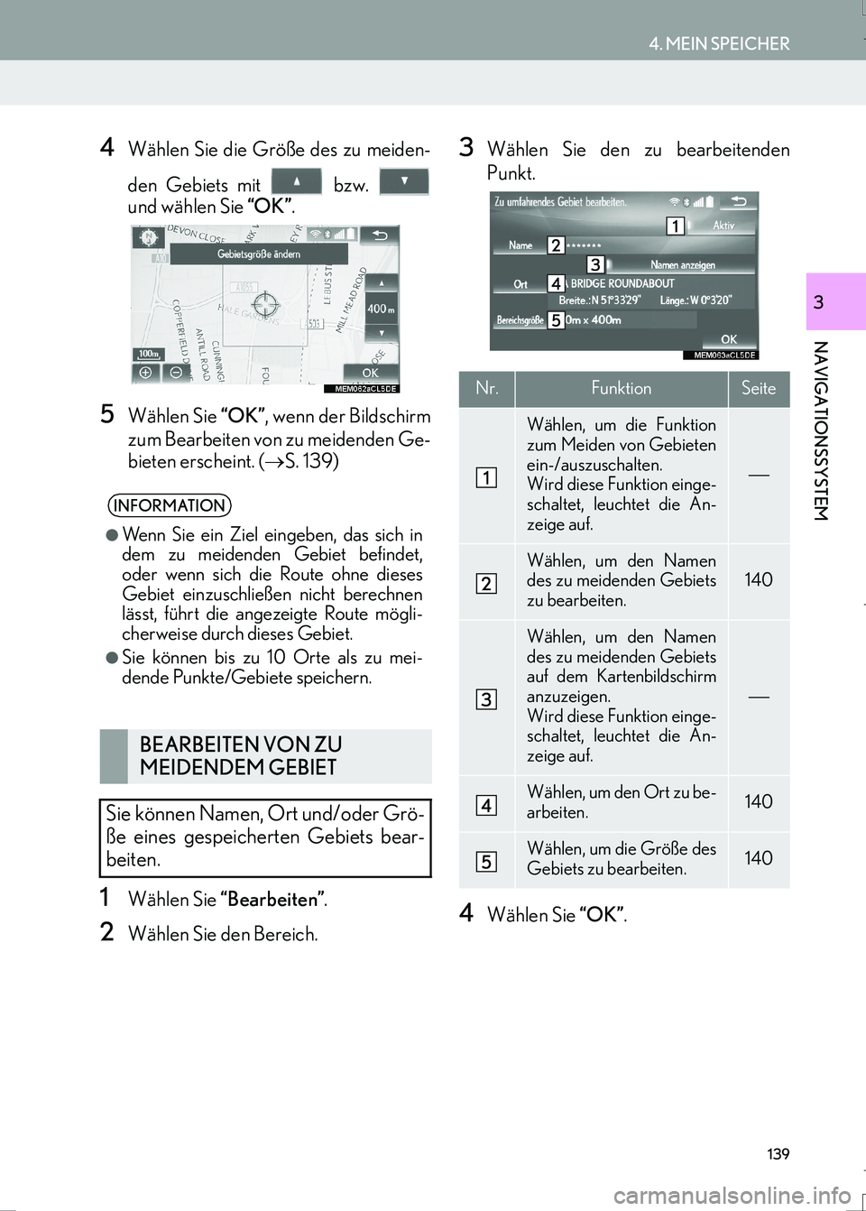 Lexus IS300h 2017  Navigationshandbuch (in German) 139
4. MEIN SPEICHER
IS_Navi_EM
NAVIGATIONSSYSTEM
3
4Wählen Sie die Größe des zu meiden-
den Gebiets mit   bzw. 
und wählen Sie “OK”.
5Wählen Sie “OK”, wenn der Bildschirm
zum Bearbeiten 
