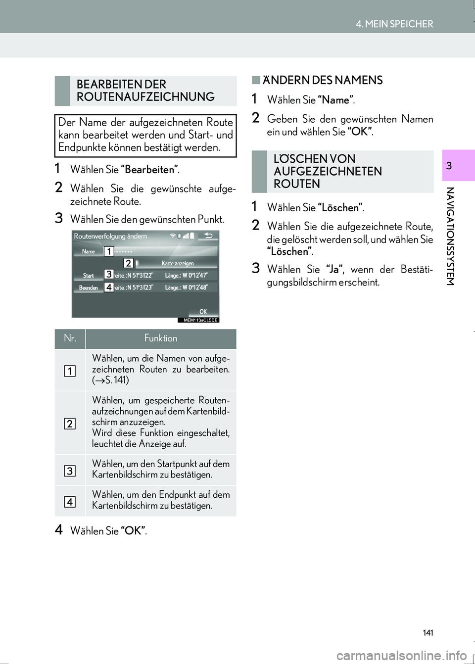 Lexus IS300h 2017  Navigationshandbuch (in German) 141
4. MEIN SPEICHER
IS_Navi_EM
NAVIGATIONSSYSTEM
31Wählen Sie “Bearbeiten”.
2Wählen Sie die gewünschte aufge-
zeichnete Route.
3Wählen Sie den gewünschten Punkt.
4Wählen Sie “OK”.
■Ä