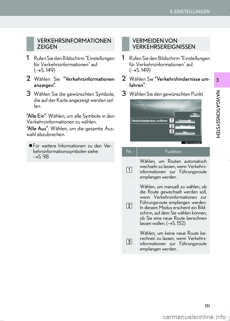 Lexus IS300h 2017 Navigationshandbuch (in German) 151
5. EINSTELLUNGEN
IS_Navi_EM
NAVIGATIONSSYSTEM
3
1Rufen Sie den Bildschirm “Einstellungen
für Verkehrsinformationen” auf.
(→S. 149)
2Wählen Sie “Verkehrsinformationen
anzeigen”.
3Wähl Lexus IS300h 2017 Navigationshandbuch (in German) 151
5. EINSTELLUNGEN
IS_Navi_EM
NAVIGATIONSSYSTEM
3
1Rufen Sie den Bildschirm “Einstellungen
für Verkehrsinformationen” auf.
(→S. 149)
2Wählen Sie “Verkehrsinformationen
anzeigen”.
3Wähl