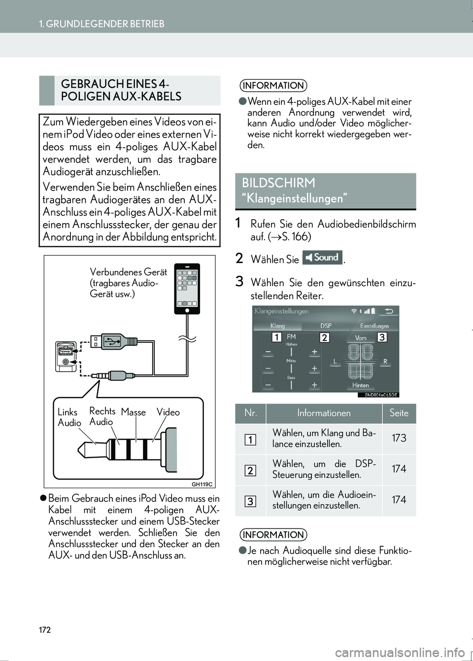 Lexus IS300h 2017  Navigationshandbuch (in German) 172
1. GRUNDLEGENDER BETRIEB
IS_Navi_EM
�zBeim Gebrauch eines iPod Video muss ein
Kabel mit einem 4-poligen AUX-
Anschlussstecker und einem USB-Stecker
verwendet werden. Schließen Sie den
Anschlussst