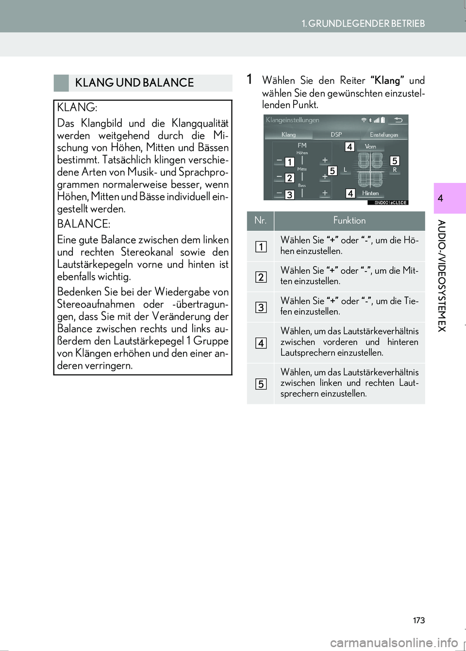 Lexus IS300h 2017  Navigationshandbuch (in German) 173
1. GRUNDLEGENDER BETRIEB
AUDIO-/VIDEOSYSTEM EX
IS_Navi_EM
4
1Wählen Sie den Reiter “Klang” und
wählen Sie den gewünschten einzustel-
lenden Punkt.KLANG UND BALANCE
KLANG:
Das Klangbild und 