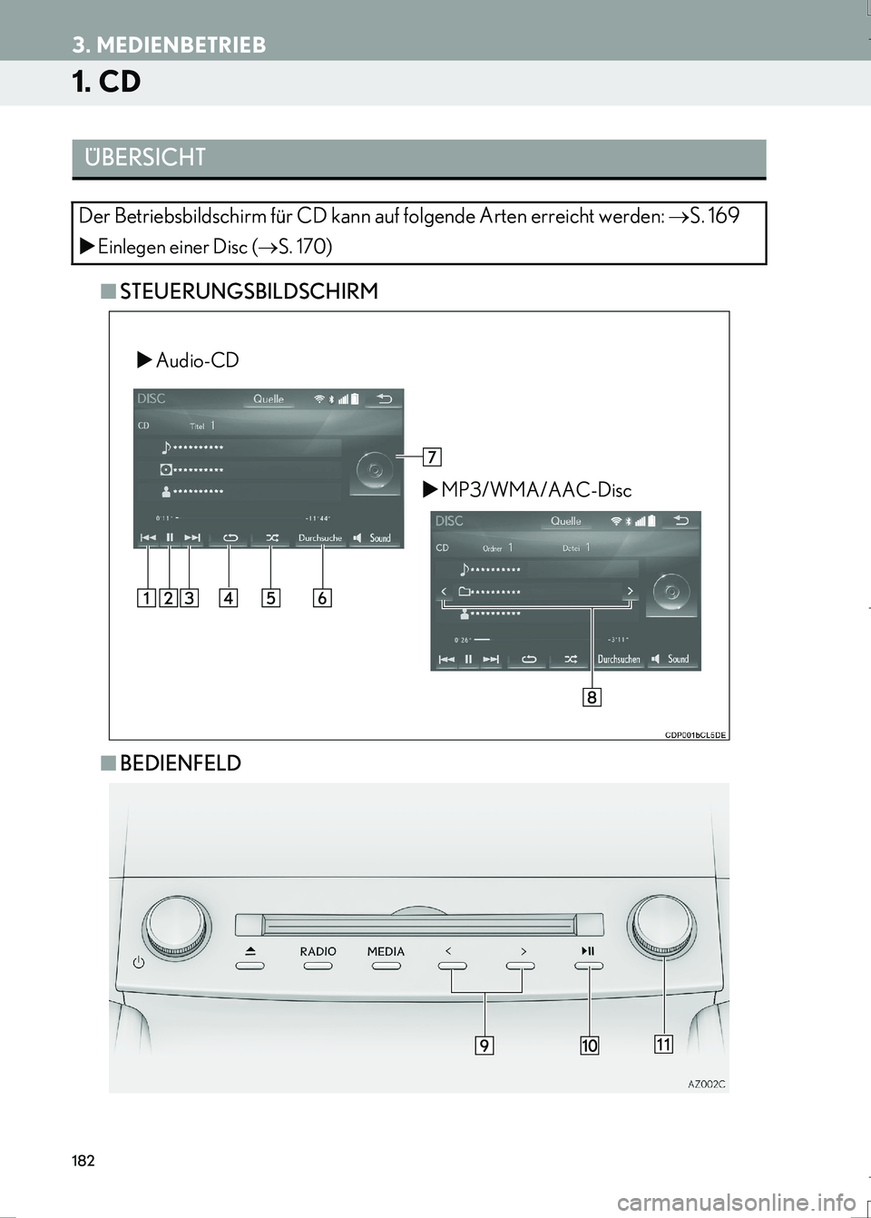 Lexus IS300h 2017  Navigationshandbuch (in German) 182
IS_Navi_EM
3. MEDIENBETRIEB
1. CD
■STEUERUNGSBILDSCHIRM
■BEDIENFELD
ÜBERSICHT
Der Betriebsbildschirm für CD kann auf folgende Arten erreicht werden: →S. 169
�XEinlegen einer Disc (→S. 17