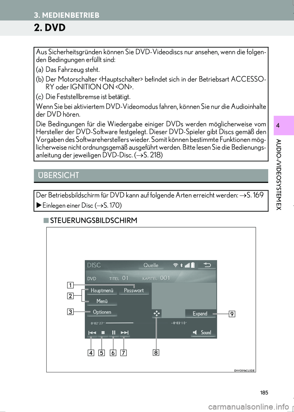 Lexus IS300h 2017  Navigationshandbuch (in German) 185
3. MEDIENBETRIEB
IS_Navi_EM
AUDIO-/VIDEOSYSTEM EX
4
2. DVD
■STEUERUNGSBILDSCHIRM Aus Sicherheitsgründen können Sie DVD-Videodiscs nur ansehen, wenn die folgen-
den Bedingungen erfüllt sind:
(