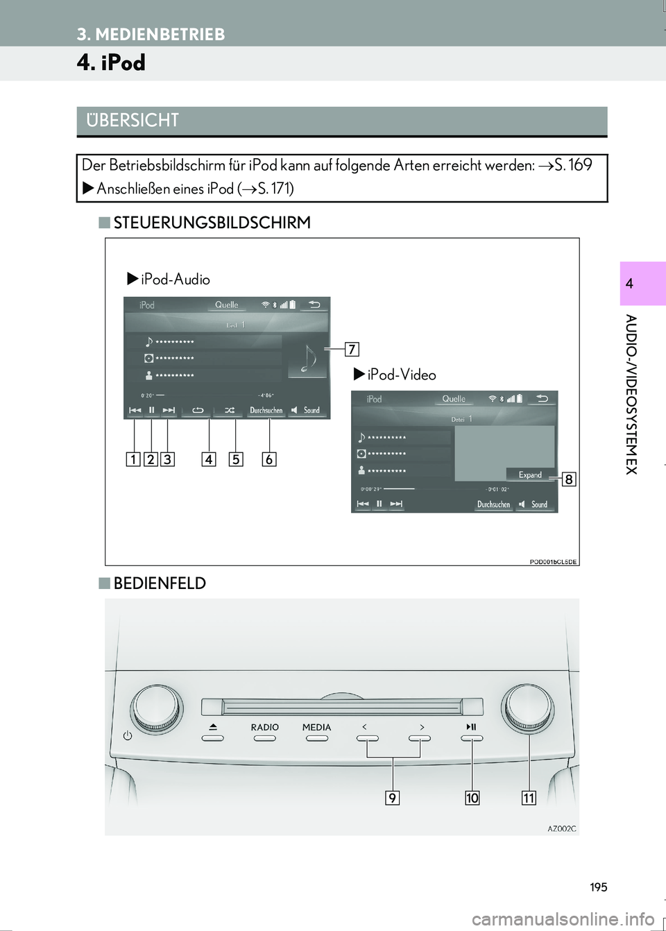 Lexus IS300h 2017  Navigationshandbuch (in German) 195
3. MEDIENBETRIEB
IS_Navi_EM
AUDIO-/VIDEOSYSTEM EX
4
4. iPod
■STEUERUNGSBILDSCHIRM
■BEDIENFELD
ÜBERSICHT
Der Betriebsbildschirm für iPod kann auf folgende Arten erreicht werden: →S. 169
�XA