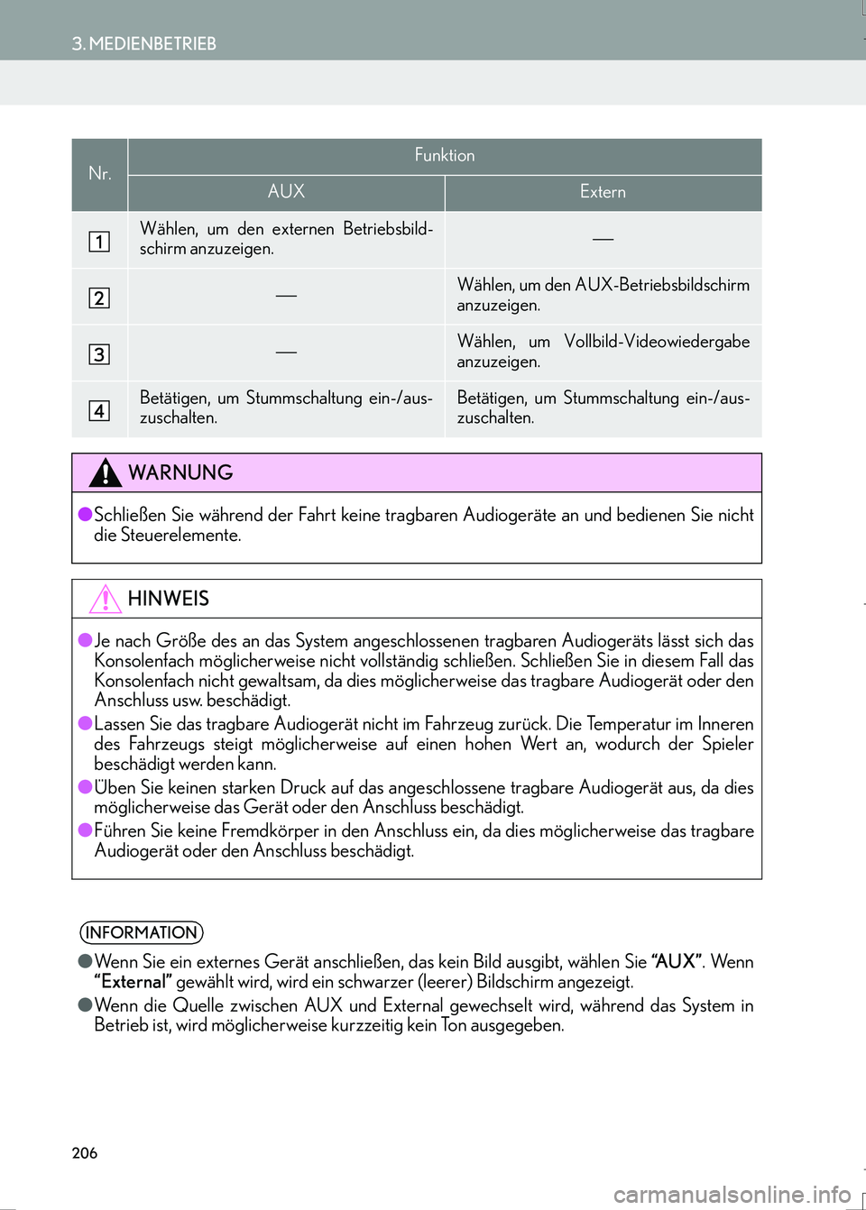Lexus IS300h 2017  Navigationshandbuch (in German) 206
3. MEDIENBETRIEB
IS_Navi_EM
Nr.Funktion
AUXExtern
Wählen, um den externen Betriebsbild-
schirm anzuzeigen.
Wählen, um den AUX-Betriebsbildschirm
anzuzeigen.
Wählen, um Vollbild-Videowi
