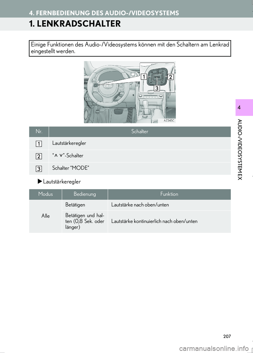 Lexus IS300h 2017  Navigationshandbuch (in German) 207
IS_Navi_EM
AUDIO-/VIDEOSYSTEM EX
4
4. FERNBEDIENUNG DES AUDIO-/VIDEOSYSTEMS
1. LENKRADSCHALTER
�XLautstärkeregler
Einige Funktionen des Audio-/Videosystems können mit den Schaltern am Lenkrad
ei
