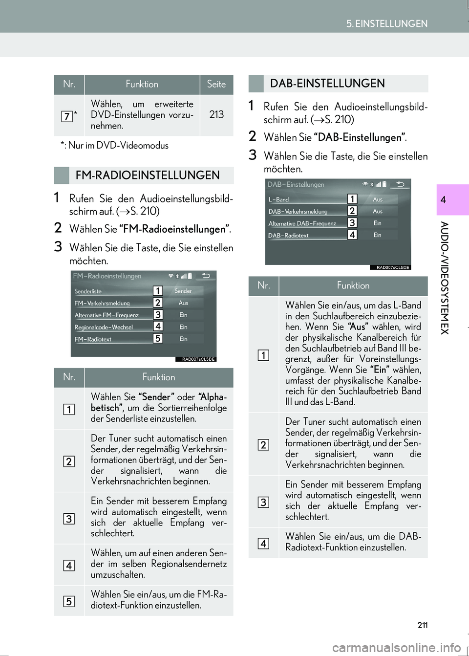Lexus IS300h 2017 Navigationshandbuch (in German) 211
5. EINSTELLUNGEN
AUDIO-/VIDEOSYSTEM EX
IS_Navi_EM
41Rufen Sie den Audioeinstellungsbild-
schirm auf. (→S. 210)
2Wählen Sie “FM-Radioeinstellungen”.
3Wählen Sie die Taste, die Sie einstelle Lexus IS300h 2017 Navigationshandbuch (in German) 211
5. EINSTELLUNGEN
AUDIO-/VIDEOSYSTEM EX
IS_Navi_EM
41Rufen Sie den Audioeinstellungsbild-
schirm auf. (→S. 210)
2Wählen Sie “FM-Radioeinstellungen”.
3Wählen Sie die Taste, die Sie einstelle