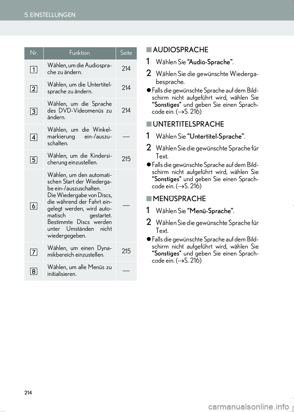 Lexus IS300h 2017  Navigationshandbuch (in German) 214
5. EINSTELLUNGEN
IS_Navi_EM
■AUDIOSPRACHE
1Wählen Sie “Audio-Sprache”.
2Wählen Sie die gewünschte Wiederga-
besprache.
�zFalls die gewünschte Sprache auf dem Bild-
schirm nicht aufgefüh