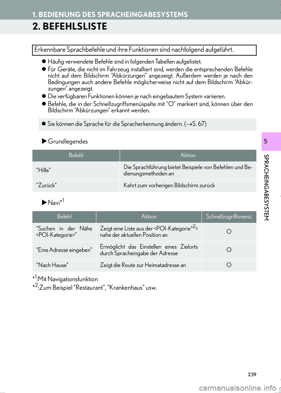 Lexus IS300h 2017  Navigationshandbuch (in German) 239
1. BEDIENUNG DES SPRACHEINGABESYSTEMS
IS_Navi_EM
SPRACHEINGABESYSTEM
5
2. BEFEHLSLISTE
�zHäufig verwendete Befehle sind in folgenden Tabellen aufgelistet.
�zFür Geräte, die nicht im Fahrzeug in