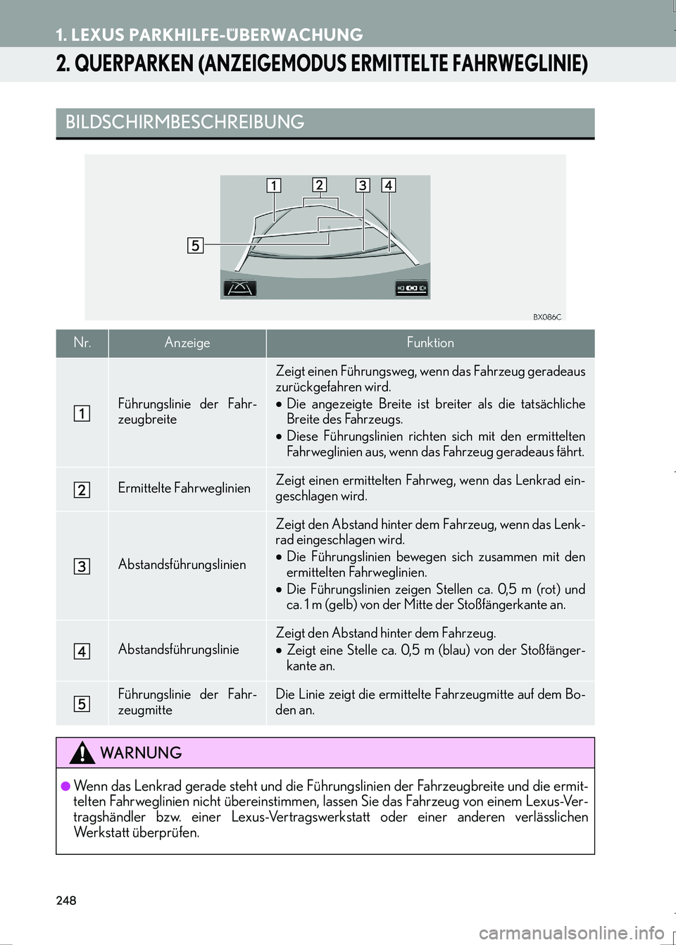 Lexus IS300h 2017  Navigationshandbuch (in German) 248
1. LEXUS PARKHILFE-ÜBERWACHUNG
LS460_LS600h_Navi_EM
2. QUERPARKEN (ANZEIGEMODUS ERMITTELTE FAHRWEGLINIE)
BILDSCHIRMBESCHREIBUNG
Nr.AnzeigeFunktion
Führungslinie der Fahr-
zeugbreite
Zeigt einen 