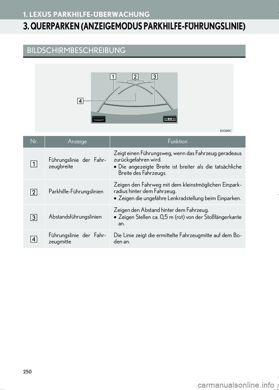 Lexus IS300h 2017  Navigationshandbuch (in German) 250
1. LEXUS PARKHILFE-ÜBERWACHUNG
LS460_LS600h_Navi_EM
3. QUERPARKEN (ANZEIGEMODUS PARKHILFE-FÜHRUNGSLINIE)
BILDSCHIRMBESCHREIBUNG
Nr.AnzeigeFunktion
Führungslinie der Fahr-
zeugbreite
Zeigt einen