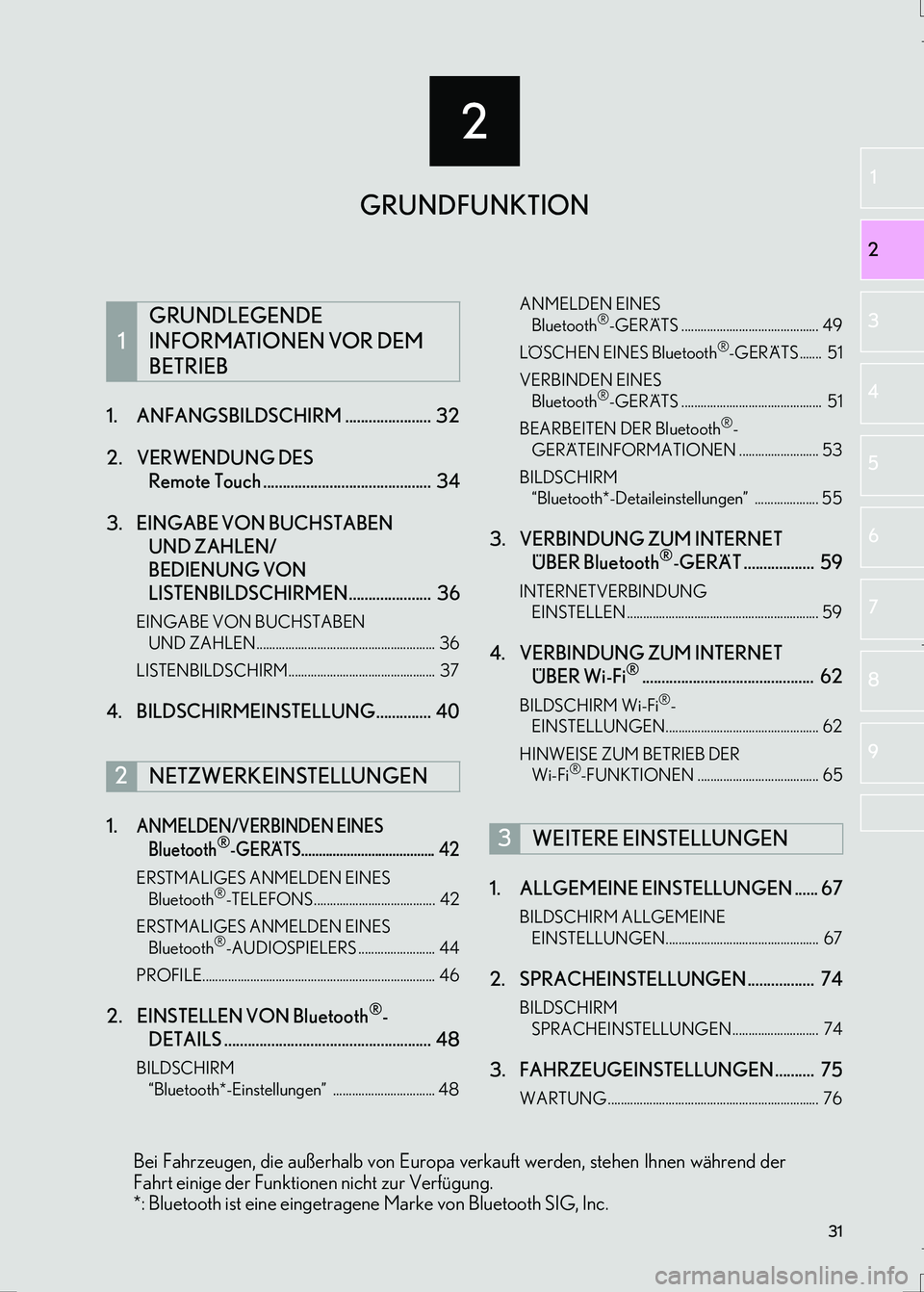 Lexus IS300h 2017  Navigationshandbuch (in German) 2
31
IS_Navi_EM
2
3
4
5
6
7
8
1
9
1. ANFANGSBILDSCHIRM ......................  32
2. VERWENDUNG DES 
Remote Touch ...........................................  34
3. EINGABE VON BUCHSTABEN 
UND ZAHLEN/