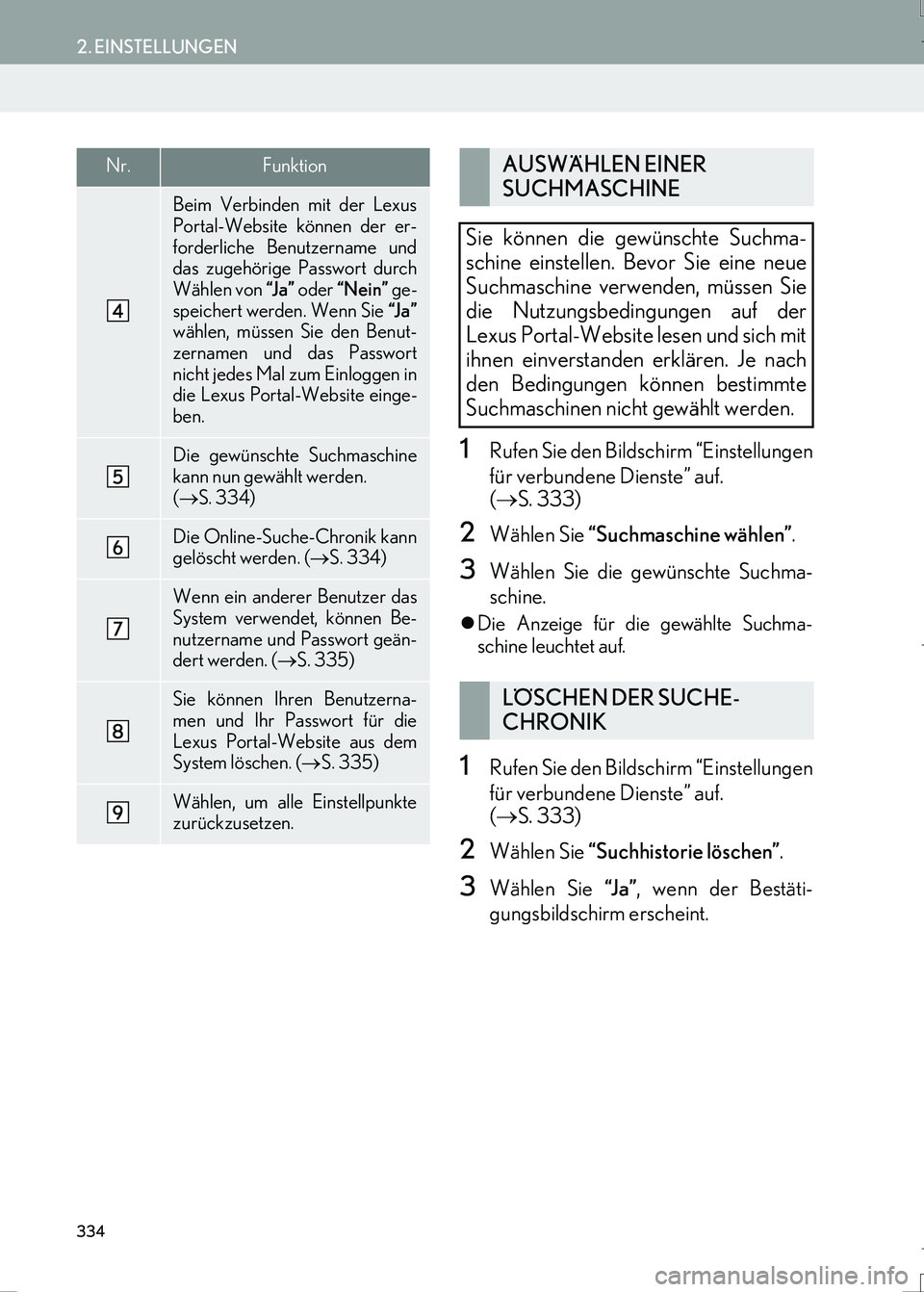 Lexus IS300h 2017 Navigationshandbuch (in German) 334
2. EINSTELLUNGEN
IS_Navi_EM
1Rufen Sie den Bildschirm “Einstellungen
für verbundene Dienste” auf.
(→S. 333)
2Wählen Sie “Suchmaschine wählen”.
3Wählen Sie die gewünschte Suchma-
sc Lexus IS300h 2017 Navigationshandbuch (in German) 334
2. EINSTELLUNGEN
IS_Navi_EM
1Rufen Sie den Bildschirm “Einstellungen
für verbundene Dienste” auf.
(→S. 333)
2Wählen Sie “Suchmaschine wählen”.
3Wählen Sie die gewünschte Suchma-
sc