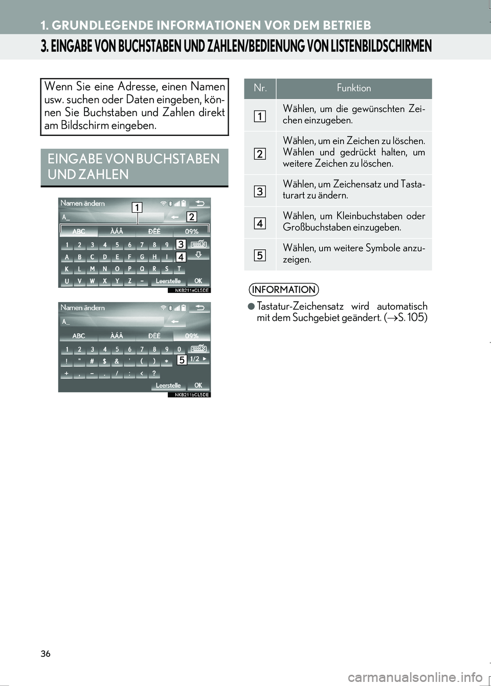 Lexus IS300h 2017  Navigationshandbuch (in German) 36
1. GRUNDLEGENDE INFORMATIONEN VOR DEM BETRIEB
IS_Navi_EM
3. EINGABE VON BUCHSTABEN UND ZAHLEN/BEDIENUNG VON LISTENBILDSCHIRMEN
Wenn Sie eine Adresse, einen Namen
usw. suchen oder Daten eingeben, k
