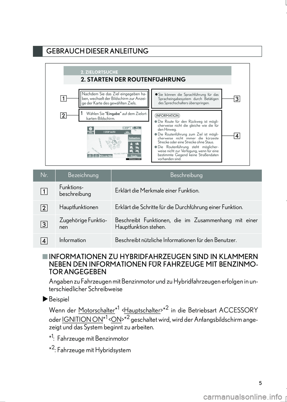 Lexus IS300h 2017  Navigationshandbuch (in German) 5
IS_Navi_EM
■INFORMATIONEN ZU HYBRIDFAHRZEUGEN SIND IN KLAMMERN
NEBEN DEN INFORMATIONEN FÜR FAHRZEUGE MIT BENZINMO-
TOR ANGEGEBEN
Angaben zu Fahrzeugen mit Benzinmotor und zu Hybridfahrzeugen erfo