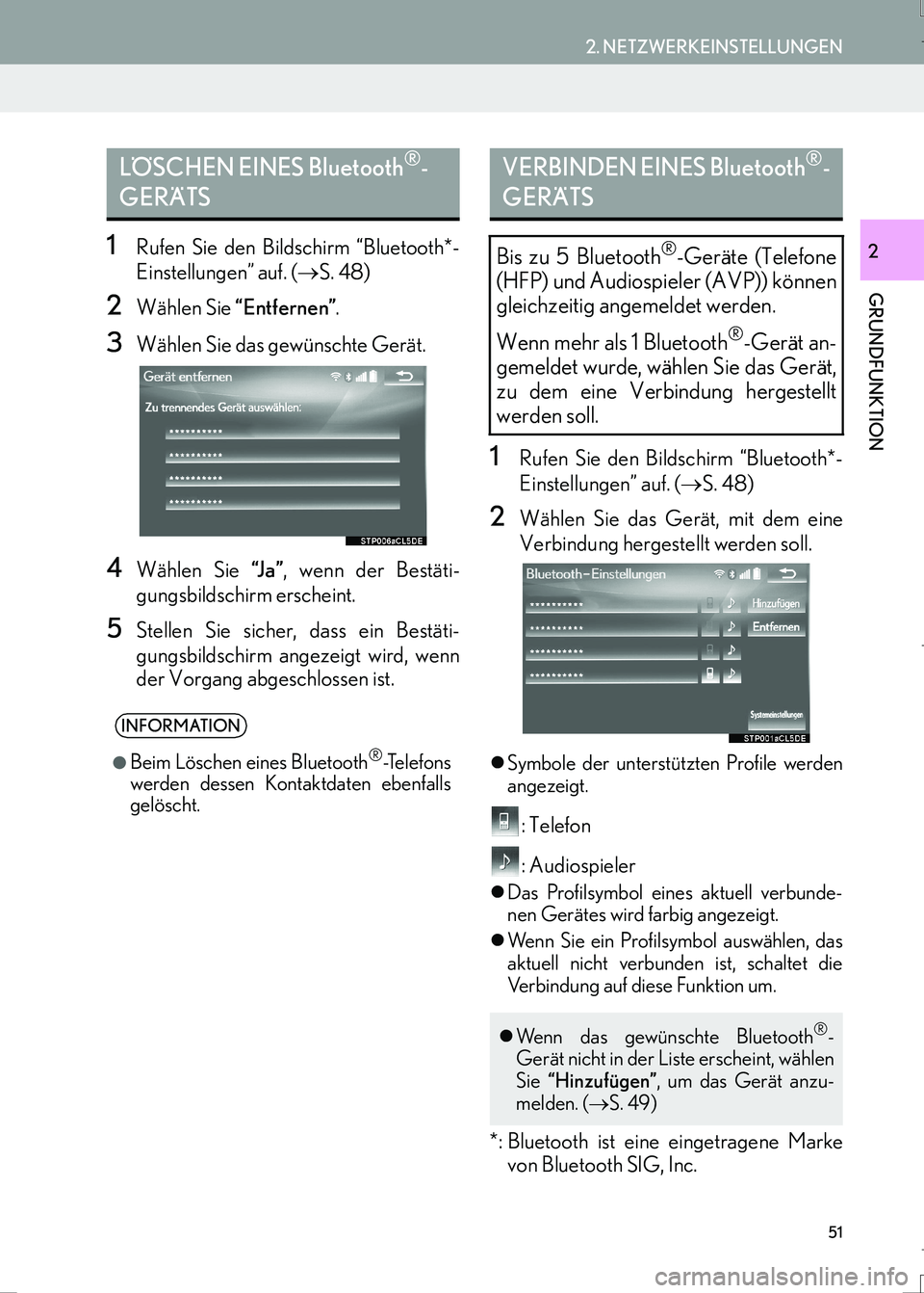 Lexus IS300h 2017  Navigationshandbuch (in German) 51
2. NETZWERKEINSTELLUNGEN
IS_Navi_EM
GRUNDFUNKTION
21Rufen Sie den Bildschirm “Bluetooth*-
Einstellungen” auf. (→S. 48)
2Wählen Sie “Entfernen”.
3Wählen Sie das gewünschte Gerät.
4Wäh