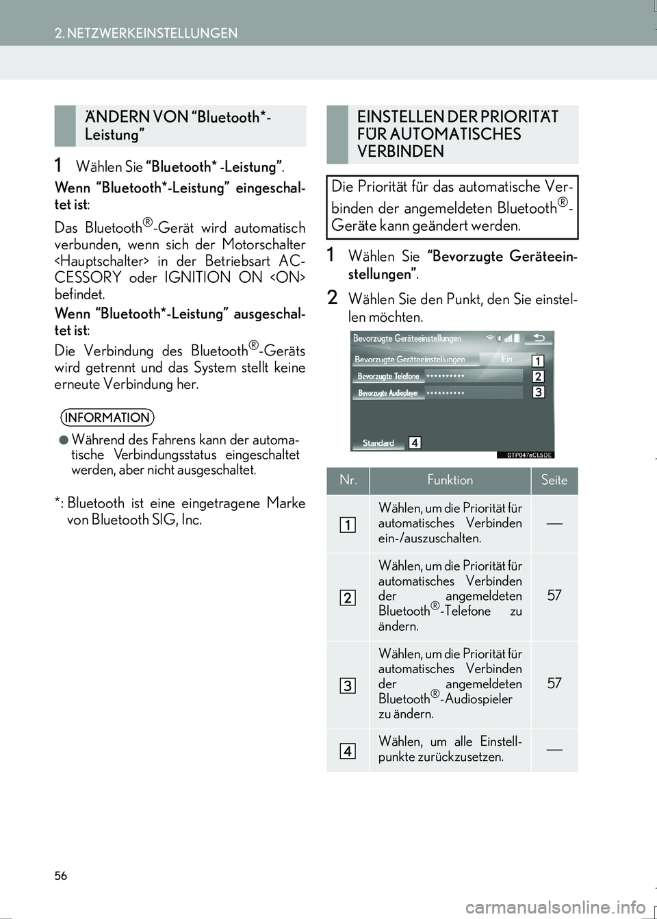 Lexus IS300h 2017  Navigationshandbuch (in German) 56
2. NETZWERKEINSTELLUNGEN
IS_Navi_EM
1Wählen Sie “Bluetooth* -Leistung”.
Wenn “Bluetooth*-Leistung” eingeschal-
tet ist: 
Das Bluetooth
®-Gerät wird automatisch
verbunden, wenn sich der M